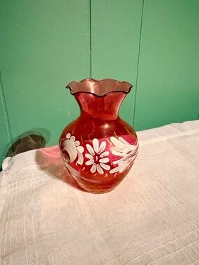 Fenton Hand Painted Cranberry Glass Vase